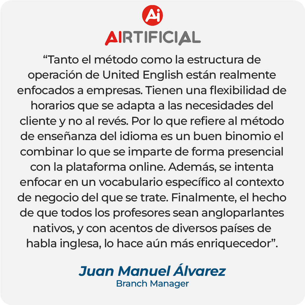 Testimonio de cliente de Juan Manuel Álvarez, Branch Manager en AIRTIFICIAL